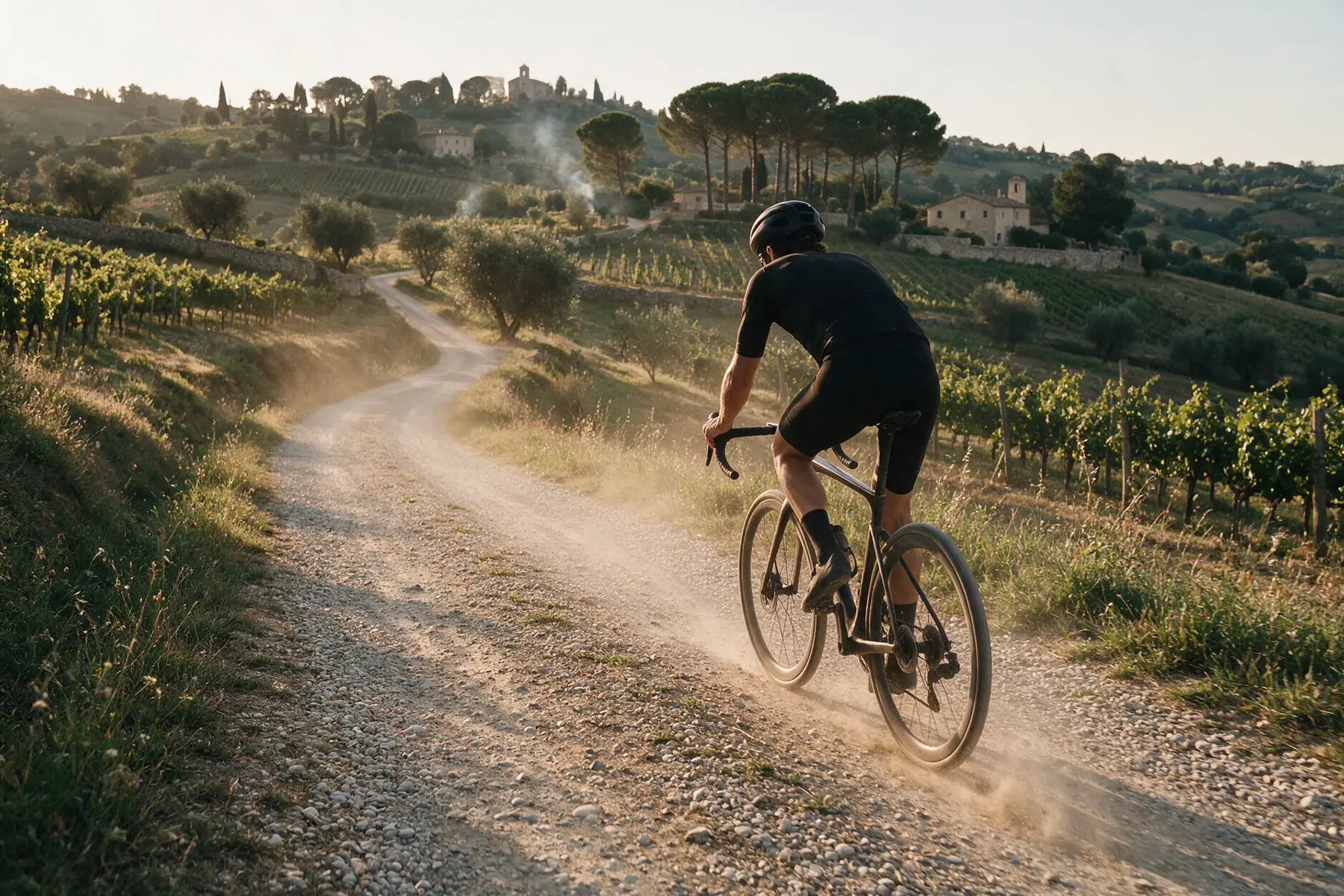 In bici sullo sterrato, al tramonto